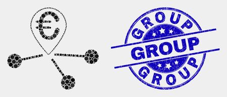 Dotted euro location links mosaic pictogram and Group seal stamp. Blue vector round textured seal stamp with Group text. Vector collage in flat style.のイラスト素材