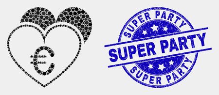 Dotted euro love hearts mosaic icon and Super Party seal. Blue vector rounded distress seal stamp with Super Party caption. Vector collage in flat style.のイラスト素材