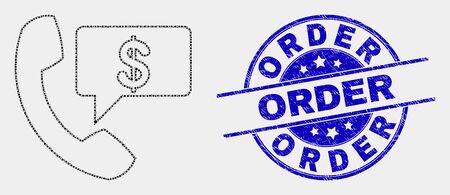 Pixelated financial phone message mosaic pictogram and Order seal. Blue vector round textured seal stamp with Order title. Vector composition in flat style.のイラスト素材