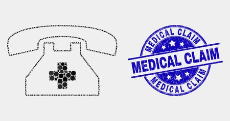 Dotted first aid phone mosaic pictogram and Medical Claim seal stamp. Blue vector round scratched seal stamp with Medical Claim text. Vector combination in flat style.のイラスト素材
