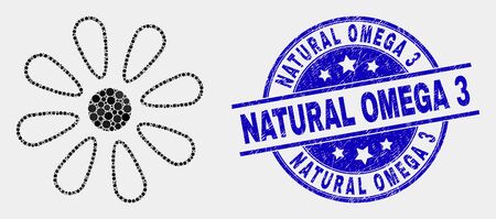 Dot flower mosaic pictogram and Natural Omega 3 seal stamp. Blue vector rounded distress stamp with Natural Omega 3 text. Vector collage in flat style.のイラスト素材