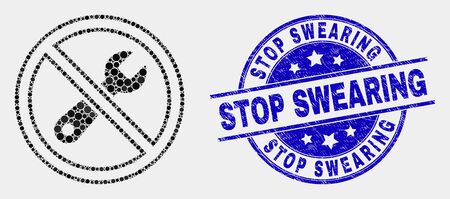 Dot forbidden repair mosaic pictogram and Stop Swearing seal. Blue vector rounded scratched seal stamp with Stop Swearing text. Vector collage in flat style.のイラスト素材