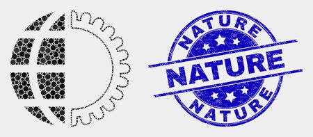 Pixel global service mosaic icon and Nature seal stamp. Blue vector rounded distress seal with Nature message. Vector composition in flat style.のイラスト素材