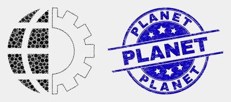 Dot global industry mosaic pictogram and Planet seal stamp. Blue vector round distress seal stamp with Planet caption. Vector collage in flat style.のイラスト素材