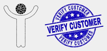 Dotted hands up person mosaic icon and Verify Customer stamp. Blue vector round grunge stamp with Verify Customer message. Vector combination in flat style.のイラスト素材