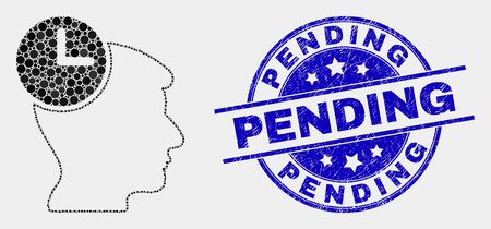 Pixelated head clock mosaic pictogram and Pending seal stamp. Blue vector rounded scratched seal stamp with Pending title. Vector collage in flat style.のイラスト素材