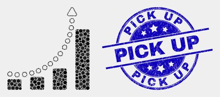 Pixel growing chart trend mosaic pictogram and Pick Up seal. Blue vector round grunge seal stamp with Pick Up phrase. Vector collage in flat style.のイラスト素材