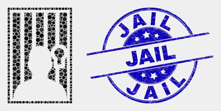 Pixel jailed person mosaic icon and Jail seal stamp. Blue vector rounded grunge seal with Jail message. Vector collage in flat style. Black isolated jailed person mosaic of random dots,のイラスト素材