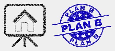 Pixelated house project board mosaic pictogram and Plan B seal stamp. Blue vector rounded textured seal stamp with Plan B caption. Vector composition in flat style.のイラスト素材