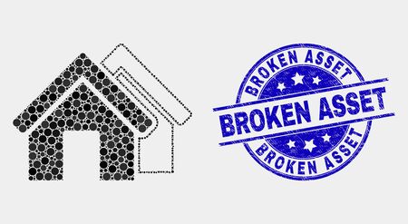 Pixel houses mosaic icon and Broken Asset seal stamp. Blue vector round distress seal with Broken Asset caption. Vector composition in flat style. Black isolated houses mosaic of scattered spheres,のイラスト素材