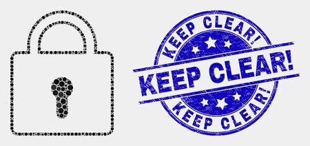 Pixel lock mosaic pictogram and Keep Clear! seal. Blue vector rounded distress seal stamp with Keep Clear! title. Vector combination in flat style. Black isolated lock mosaic of scattered dots,のイラスト素材