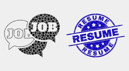 Dot job forum messages mosaic icon and Resume seal stamp. Blue vector rounded textured stamp with Resume title. Vector composition in flat style.のイラスト素材
