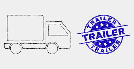 Dot lorry mosaic icon and Trailer seal stamp. Blue vector rounded textured seal stamp with Trailer title. Vector combination in flat style. Black isolated lorry mosaic of random circles,のイラスト素材