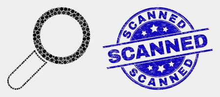 Dot magnifier tool mosaic icon and Scanned seal stamp. Blue vector round grunge stamp with Scanned title. Vector combination in flat style. Black isolated magnifier tool mosaic of scattered dots,のイラスト素材