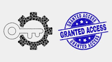 Dotted key options gear mosaic pictogram and Granted Access seal stamp. Blue vector round scratched seal stamp with Granted Access text. Vector composition in flat style.のイラスト素材