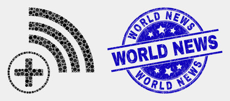 Dotted medical source mosaic pictogram and World News seal stamp. Blue vector rounded distress seal stamp with World News message. Vector composition in flat style.のイラスト素材
