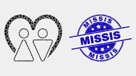 Pixel married persons mosaic icon and Missis seal stamp. Blue vector rounded distress seal stamp with Missis message. Vector composition in flat style.のイラスト素材