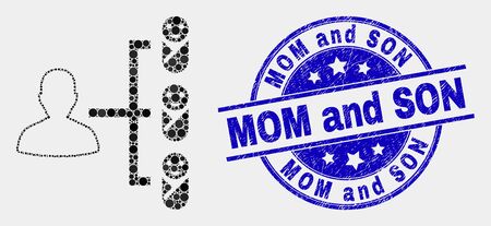 Dot newborn parent links mosaic icon and Mom and Son stamp. Blue vector round distress seal with Mom and Son phrase. Vector collage in flat style.のイラスト素材