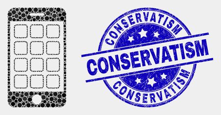 Pixel mobile phone mosaic pictogram and Conservatism seal stamp. Blue vector rounded textured seal stamp with Conservatism text. Vector collage in flat style.のイラスト素材