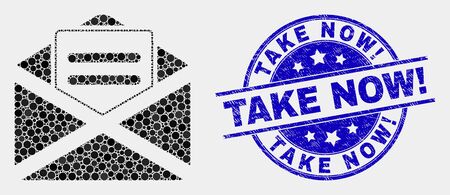 Pixelated open mail mosaic icon and Take Now! seal. Blue vector round distress seal stamp with Take Now! title. Vector combination in flat style. Black isolated open mail mosaic of randomized dots,のイラスト素材