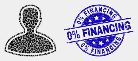 Dot person mosaic pictogram and 0% Financing seal stamp. Blue vector rounded grunge seal stamp with 0% Financing text. Vector combination in flat style.のイラスト素材