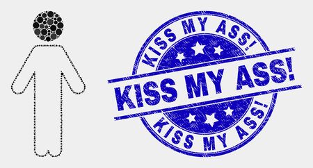 Dot person mosaic icon and Kiss My Ass! seal. Blue vector round textured seal stamp with Kiss My Ass! phrase. Vector collage in flat style. Black isolated person mosaic of randomized circles,のイラスト素材