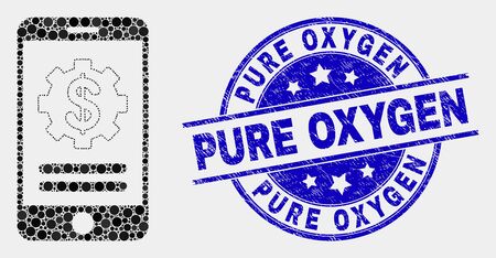 Dot mobile financial options mosaic pictogram and Pure Oxygen watermark. Blue vector round textured stamp with Pure Oxygen caption. Vector combination in flat style.のイラスト素材