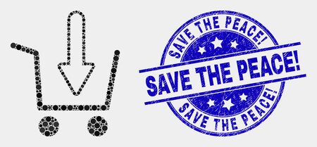 Dot put shopping item mosaic icon and Save the Peace! seal stamp. Blue vector rounded grunge seal stamp with Save the Peace! text. Vector collage in flat style.のイラスト素材