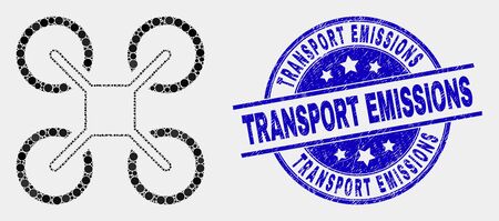 Pixel quadcopter mosaic pictogram and Transport Emissions seal. Blue vector round textured seal stamp with Transport Emissions phrase. Vector collage in flat style.のイラスト素材