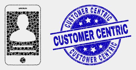 Pixelated mobile person contact mosaic pictogram and Customer Centric seal stamp. Blue vector rounded textured seal stamp with Customer Centric title. Vector composition in flat style.のイラスト素材