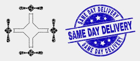 Pixelated quadcopter mosaic pictogram and Same Day Delivery seal stamp. Blue vector rounded scratched seal stamp with Same Day Delivery phrase. Vector composition in flat style.のイラスト素材
