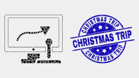 Dotted remote control display mosaic pictogram and Christmas Trip seal. Blue vector round grunge seal with Christmas Trip text. Vector composition in flat style.のイラスト素材