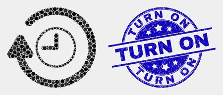 Dotted rotate clockwise mosaic icon and Turn On seal stamp. Blue vector rounded scratched seal stamp with Turn On phrase. Vector collage in flat style.のイラスト素材