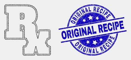 Dotted Rx symbol mosaic pictogram and Original Recipe seal stamp. Blue vector round distress stamp with Original Recipe title. Vector composition in flat style.のイラスト素材