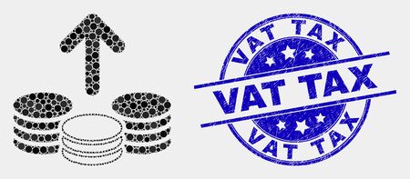 Pixel spend coins mosaic icon and Vat Tax seal. Blue vector rounded textured seal stamp with Vat Tax message. Vector combination in flat style.のイラスト素材