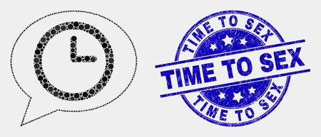 Dotted time message balloon mosaic icon and Time to Sex seal stamp. Blue vector round grunge stamp with Time to Sex text. Vector composition in flat style.のイラスト素材