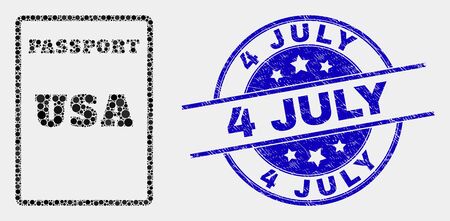 Pixel USA passport mosaic icon and 4 July stamp. Blue vector round scratched stamp with 4 July phrase. Vector combination in flat style. Black isolated USA passport mosaic of random circles,のイラスト素材