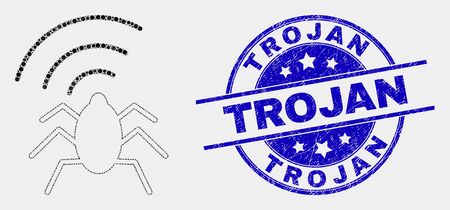 Pixel radio bug mosaic icon and Trojan seal stamp. Blue vector round scratched seal stamp with Trojan caption. Vector combination in flat style.のイラスト素材