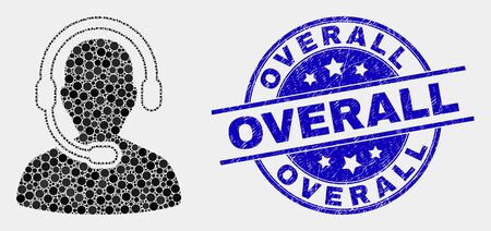 Pixel radio operator mosaic icon and Overall seal stamp. Blue vector rounded scratched stamp with Overall phrase. Vector composition in flat style.のイラスト素材