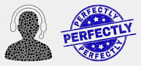 Dot radio operator mosaic pictogram and Perfectly stamp. Blue vector round grunge stamp with Perfectly phrase. Vector collage in flat style. Black isolated radio operator mosaic of random circles,のイラスト素材