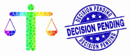 Dotted spectral judge mosaic icon and Decision Pending seal stamp. Blue vector round distress seal stamp with Decision Pending title. Vector composition in flat style.のイラスト素材