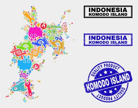 Vector collage of industrial Komodo Island map and blue stamp for quality product. Komodo Island map collage designed with tools, spanners, production icons.のイラスト素材