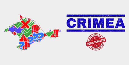 Symbol Mosaic Crimea map and seal stamps. Red round Chemical Storage Zone distress seal stamp. Colored Crimea map mosaic of different scattered elements. Vector abstract combination.のイラスト素材