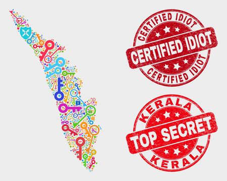 Safety Kerala State map and seal stamps. Red rounded Top Secret and Certified Idiot distress seal stamps. Colored Kerala State map mosaic of different safety items.のイラスト素材