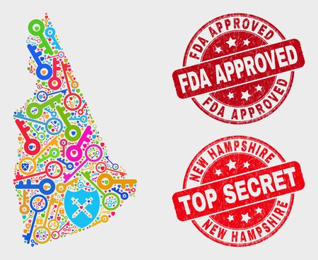 Guard New Hampshire State map and seal stamps. Red rounded Top Secret and FDA Approved distress stamps. Colorful New Hampshire State map mosaic of different safety icons.のイラスト素材