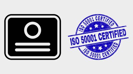 Vector certificate pictogram and ISO 50001 Certified watermark. Red round scratched watermark with ISO 50001 Certified caption. Vector combination in flat style. Black isolated certificate pictogram.のイラスト素材