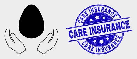 Vector egg care hands icon and Care Insurance watermark. Red rounded grunge watermark with Care Insurance caption. Vector combination in flat style. Black isolated egg care hands icon.のイラスト素材