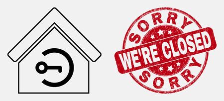 Vector linear home keyhole pictogram and Sorry WeRe Closed watermark. Blue rounded grunge watermark with Sorry WeRe Closed phrase. Black isolated home keyhole pictogram in outline style.のイラスト素材