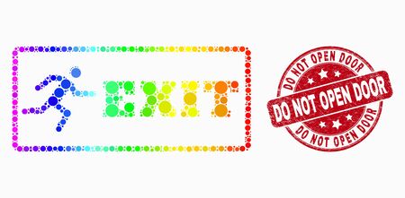 Pixel spectral emergency exit mosaic pictogram and Do Not Open Door seal. Red vector round scratched seal with Do Not Open Door message. Vector combination in flat style.のイラスト素材