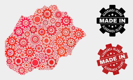 Mosaic industrial Alegranza Island map and textured seal. Vector geographic abstraction in red colors. Mosaic of Alegranza Island map combined of scattered gearwheel elements.のイラスト素材